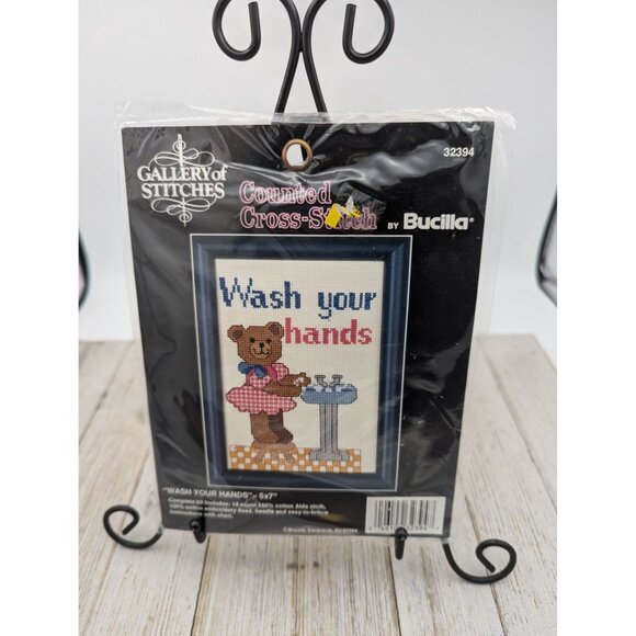 Bucilla Counted Cross-Stitch Kit "Wash Your Hands" 5"x7" Gallery Stitches Bear - Picture 2 of 7